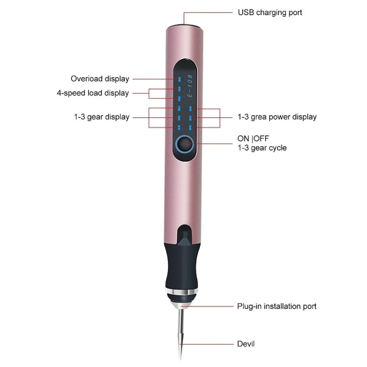 Rose gold mini electric drill pen with control panel and charging plug-in port