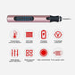 Rose gold mini electric drill pen showing blue indicator lights and protection icons