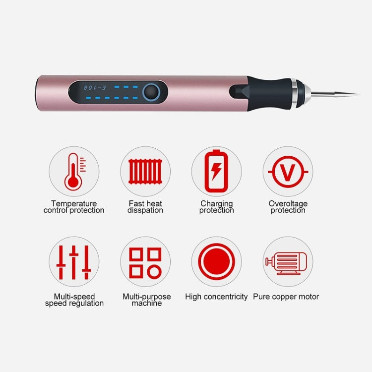 Rose gold mini electric drill pen showing blue indicator lights and protection icons