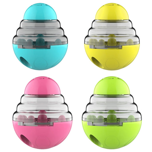 Multicolor tumbler ball dog food leakage toy set: teal, yellow, pink, and green