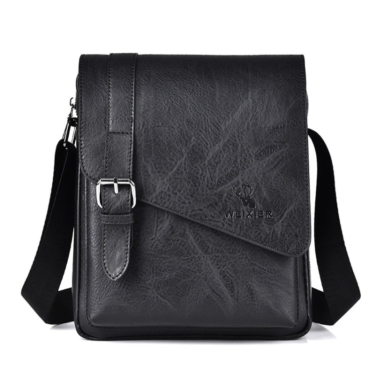 Black vintage crossbody messenger bag with flap and adjustable shoulder strap