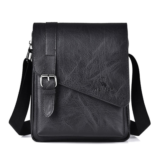 Black vintage crossbody messenger bag with flap and adjustable shoulder strap