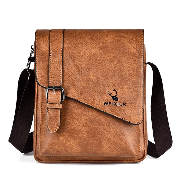 Light brown vintage crossbody messenger bag with front flap and adjustable strap