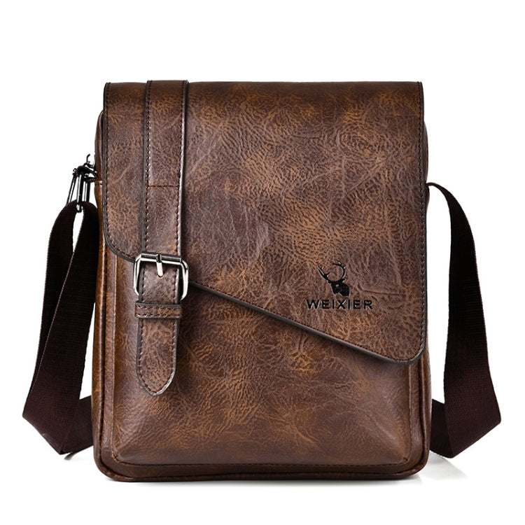 Dark brown vintage crossbody messenger bag with front flap and strap buckle