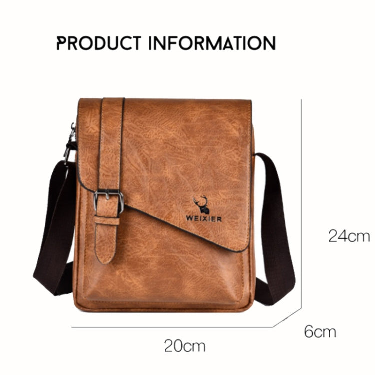 Light brown crossbody messenger bag with front flap and side strap buckles