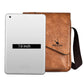 Light brown crossbody bag with front flap next to a tablet for scale
