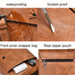 Brown crossbody bag detail showing snap front flap and rear zipper pouch