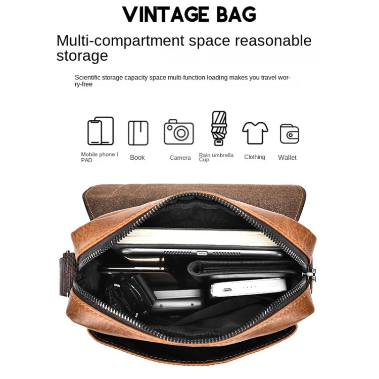 Brown vintage crossbody bag open interior with zip compartment and inner space