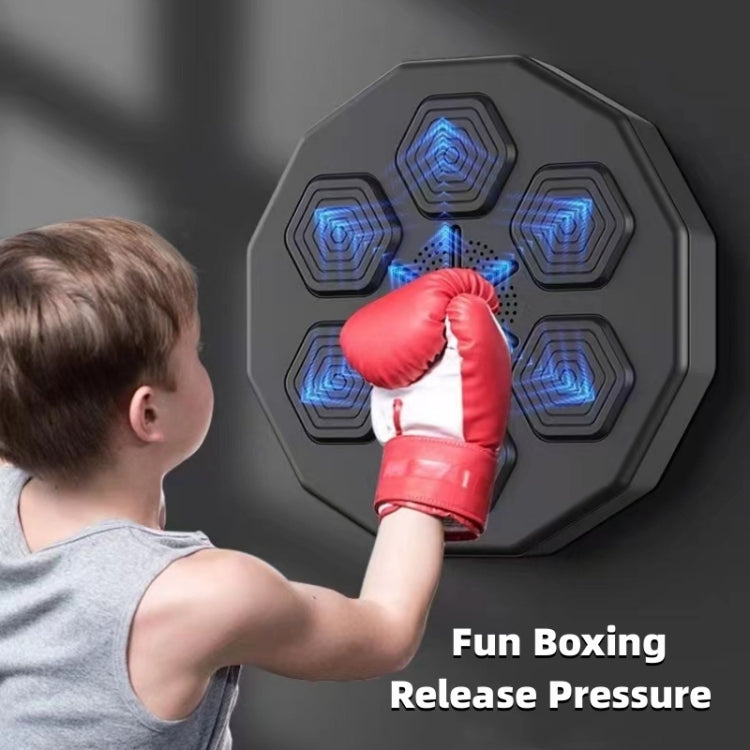 Wall-mounted boxing trainer with red gloves striking the blue-lit target array