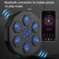 Electronic boxing trainer with blue-lit targets and smartphone connected for music
