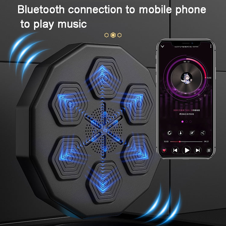 Electronic boxing trainer with blue-lit targets and smartphone connected for music