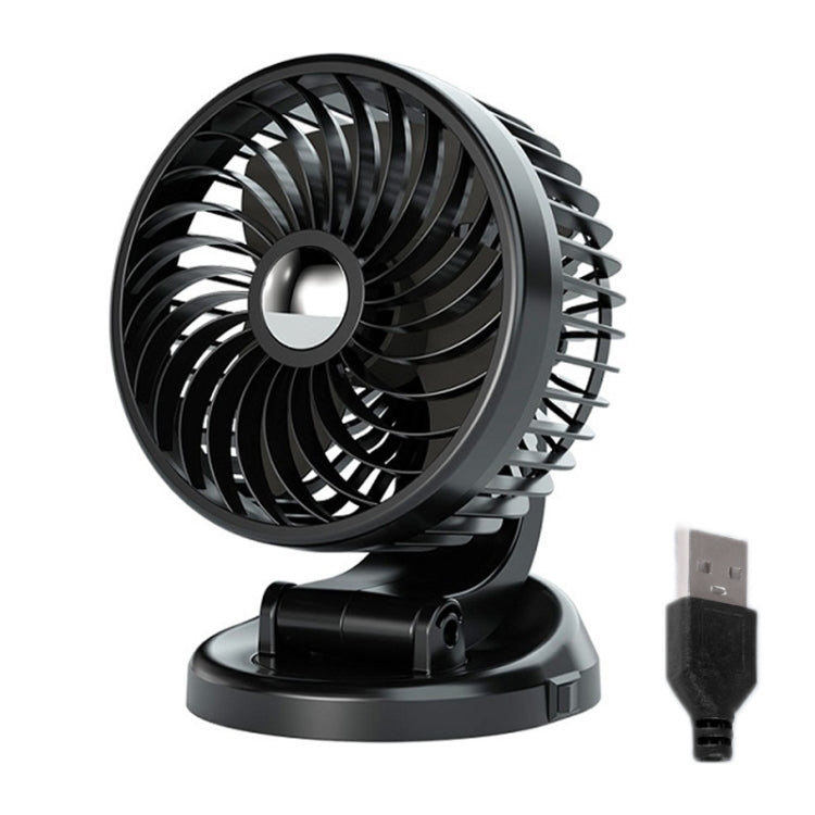 Black rotatable car fan with circular grille and stand base