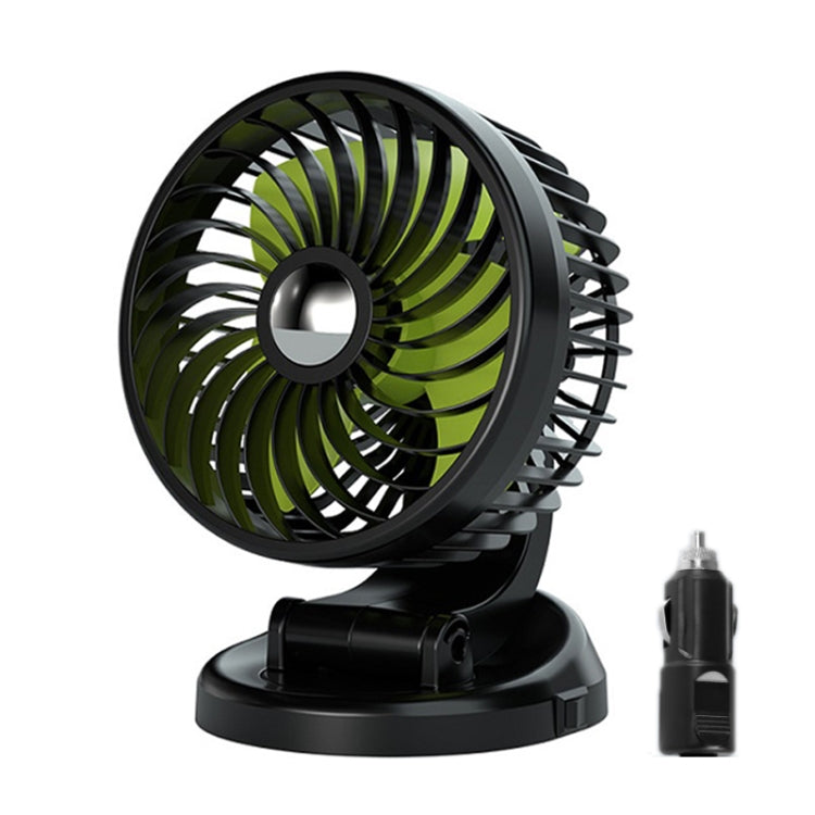 Black car fan with green blades on a rotating tabletop base