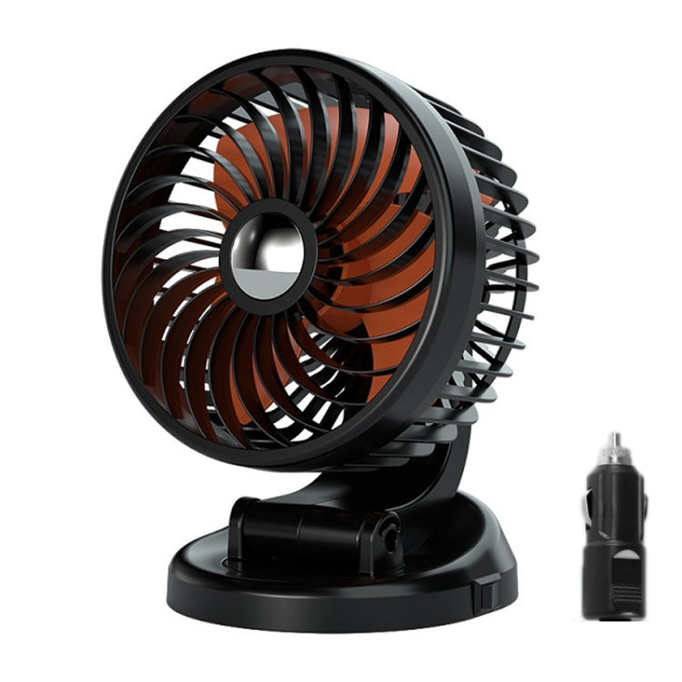 Black car fan with orange blades on a rotating tabletop base