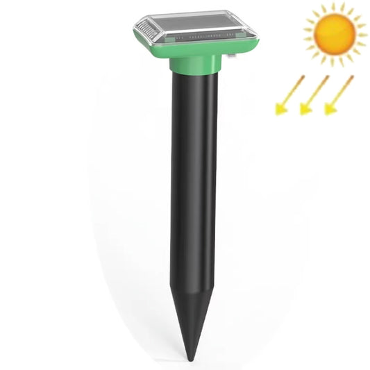Green and black solar ultrasonic animal repeller stake with solar panel cap.
