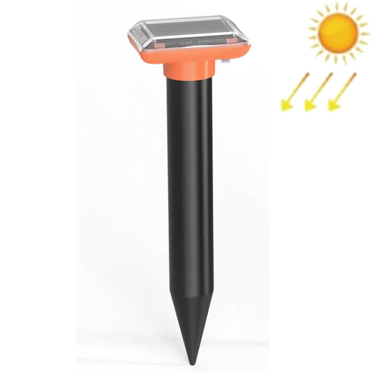 Orange and black solar ultrasonic animal repeller stake with top solar panel.