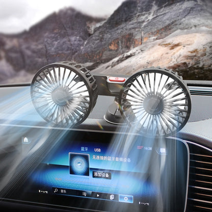 Double-head car USB fan with suction-cup base, two black round fan heads on dashboard.
