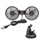 Double-head car USB fan kit with two black fan heads, USB cable, and suction base.