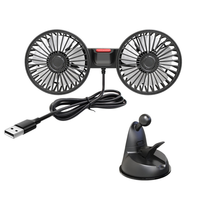 Double-head car USB fan kit with two black fan heads, USB cable, and suction base.