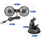 Double-head car USB fan with suction base and USB cable, shown with size guide.