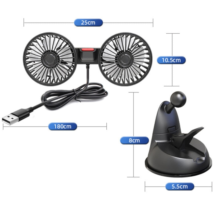 Double-head car USB fan with suction base and USB cable, shown with size guide.
