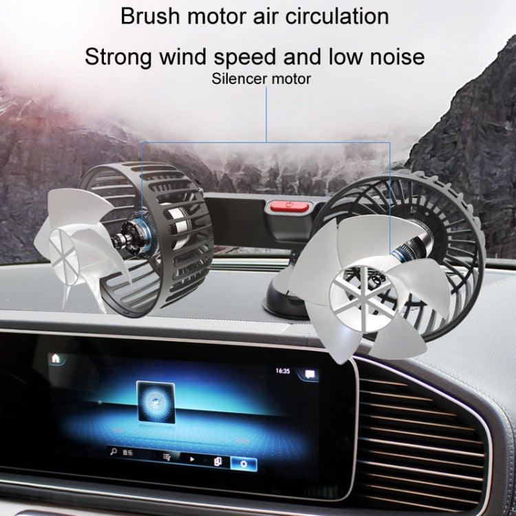 Double-head car USB fan with airflow direction, two rotating vent fan heads.