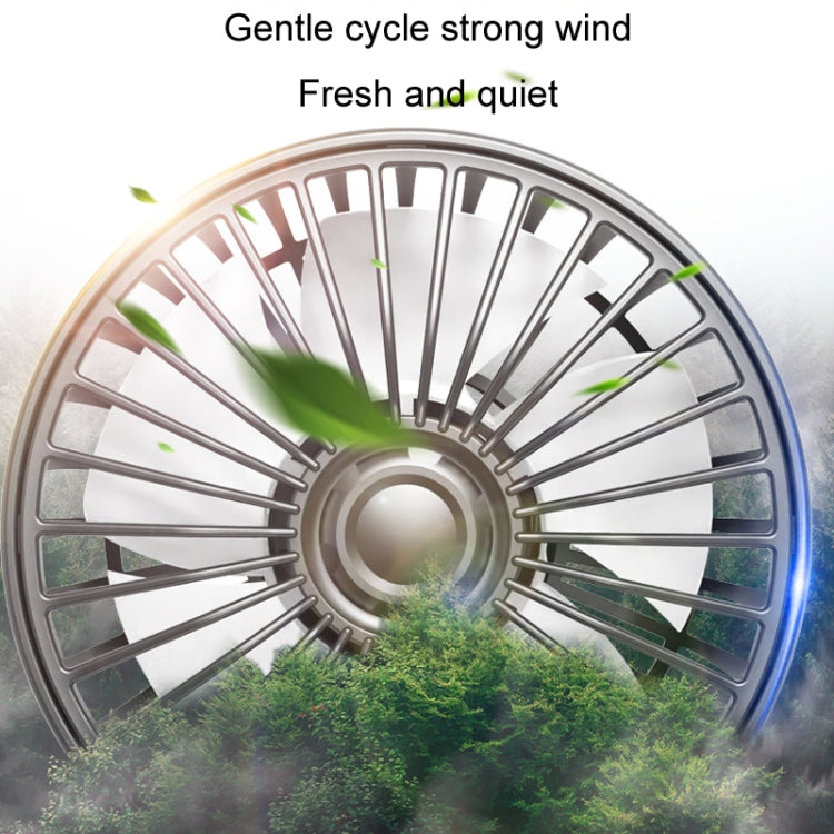 Close-up of round double-head fan blades with protective grille and central hub.