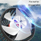 Close-up of fan grille and blades with airflow swirl around the double-head fan.