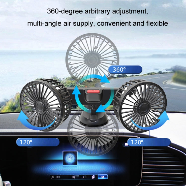 Double-head car USB fan showing 360-degree adjustable angles around the suction base.