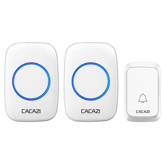 White wireless doorbell transmitter and chime set, blue LED ring, CACAZI logo
