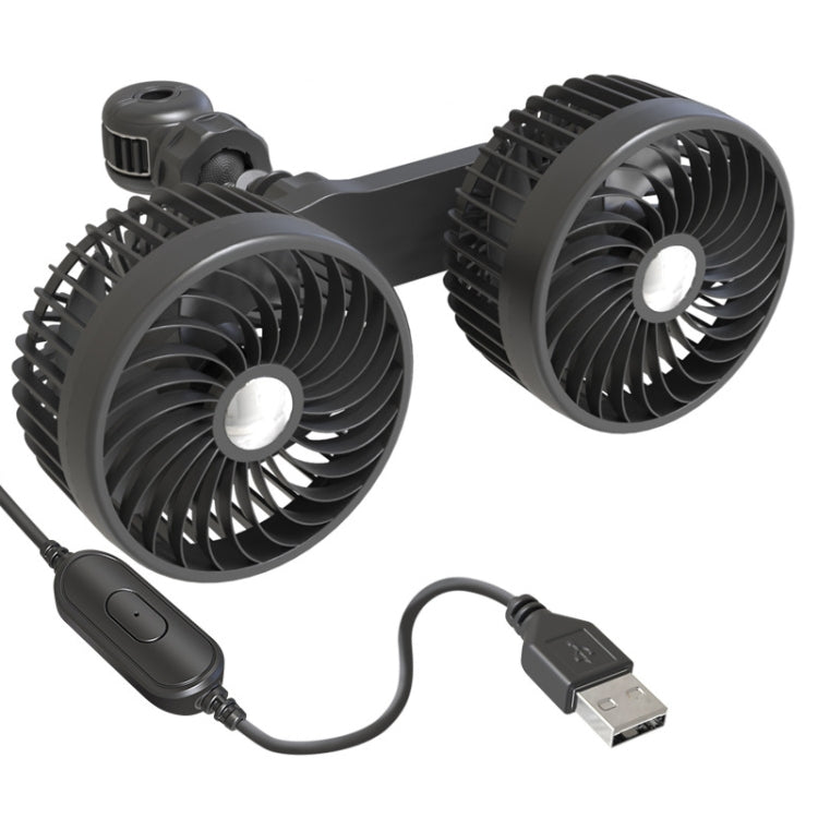Double-head car fan set with black blades and USB power cable