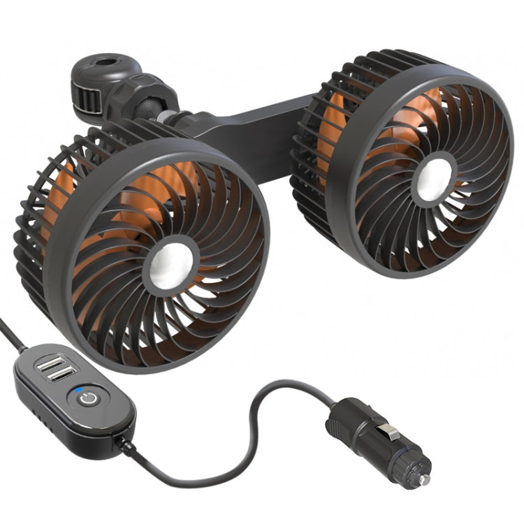 Double-head car fan with orange blades, cigarette lighter plug, and USB adapter