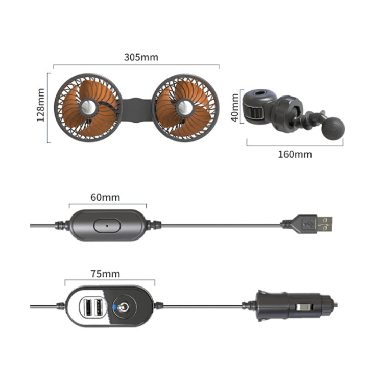 Dual-head car fan kit with USB cable and mounted fan dimensions diagram