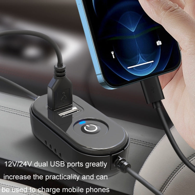 Car USB fan power hub with blue LED, dual USB ports, and cigarette-lighter plug