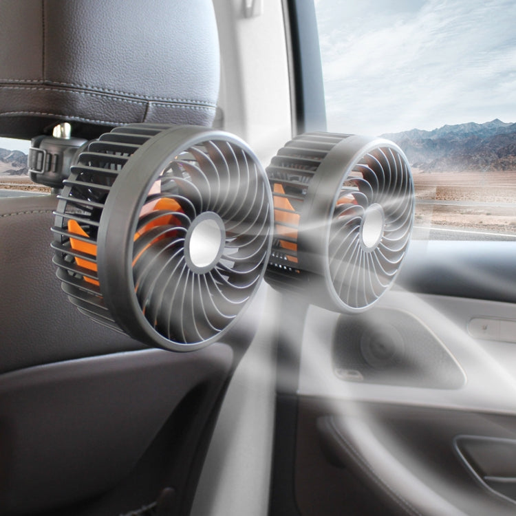 Car seat dual-head USB fan with two circular vents and orange accent lines