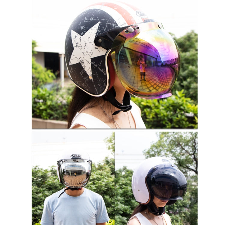 Motorcycle helmet with reflective tinted windproof visor and bracket, on rider