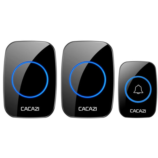 Black wireless electronic doorbell set with glowing blue ring and bell-button transmitter
