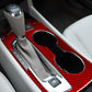 Red carbon-fiber gear panel sticker installed on center console around shifter and cup holders