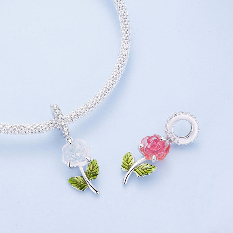 Sterling silver charm bracelet with blue and pink enamel rose beads and green leaves