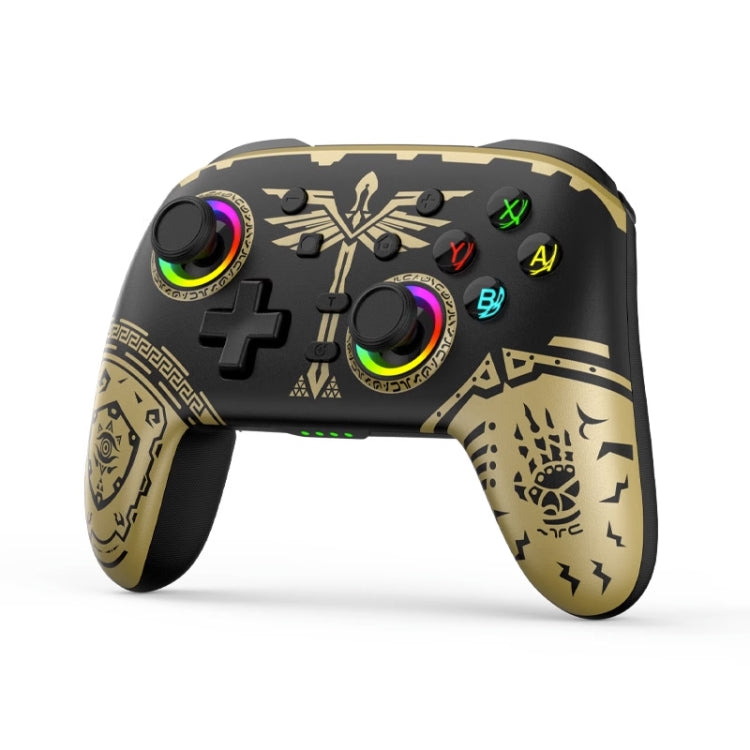 Black and gold patterned wireless gamepad controller with colorful face buttons