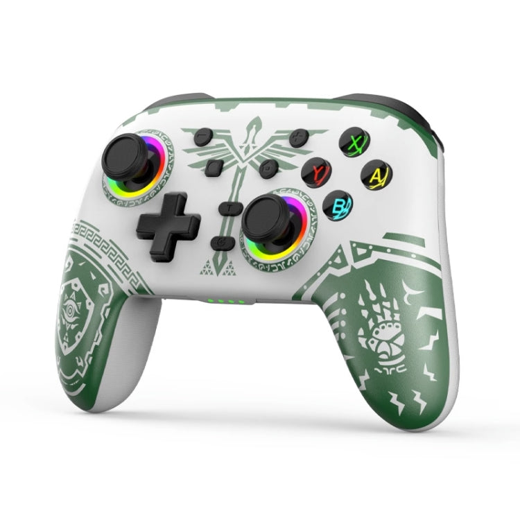 White and green patterned wireless gamepad controller with colorful face buttons