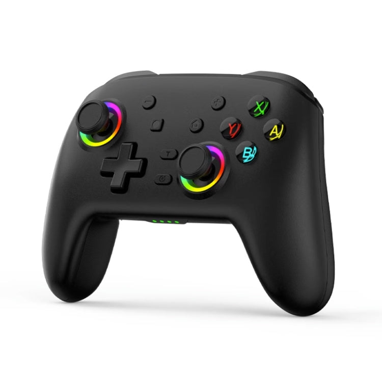 All-black wireless gamepad controller with rainbow ring thumbsticks and face buttons