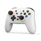 All-white wireless gamepad controller with rainbow ring thumbsticks and face buttons