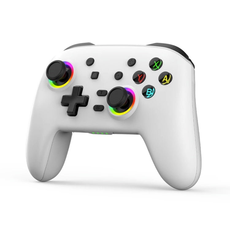 All-white wireless gamepad controller with rainbow ring thumbsticks and face buttons