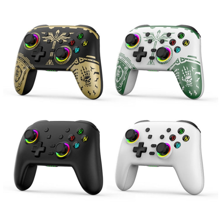 Four wireless gamepad controllers in black, white, black-gold, and white-green designs