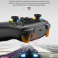 Black game controller with dual shoulder triggers and glowing multicolor light accents