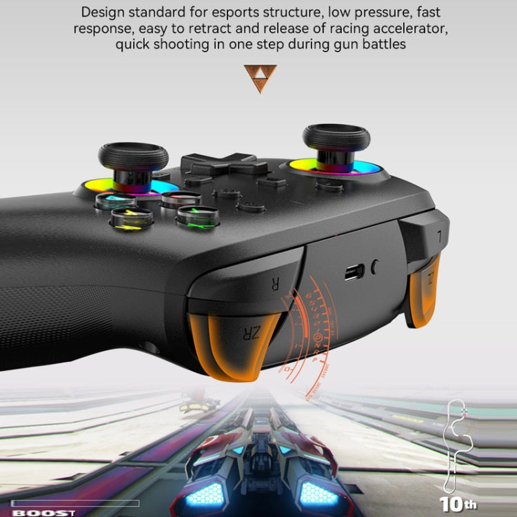 Black game controller with dual shoulder triggers and glowing multicolor light accents