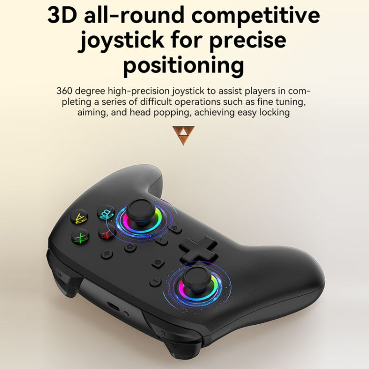 Black game controller with twin thumbsticks and RGB-lit thumbstick rings