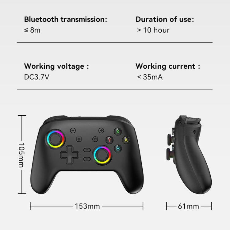Black wireless gamepad controller with rainbow thumbstick rings and side view