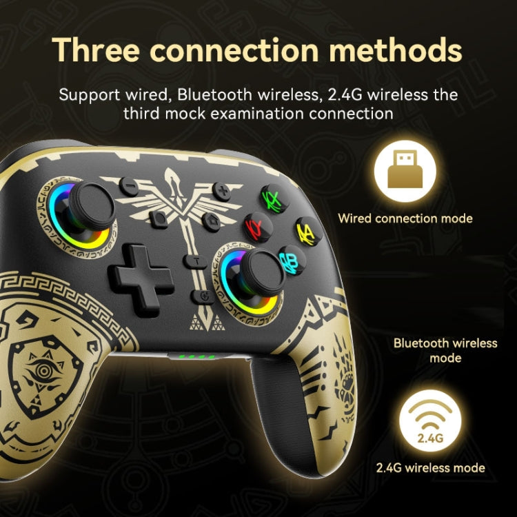 Black and gold patterned wireless gamepad controller with colorful face buttons